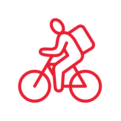 Mask group (70) Red cyclist icon with backpack on bike.